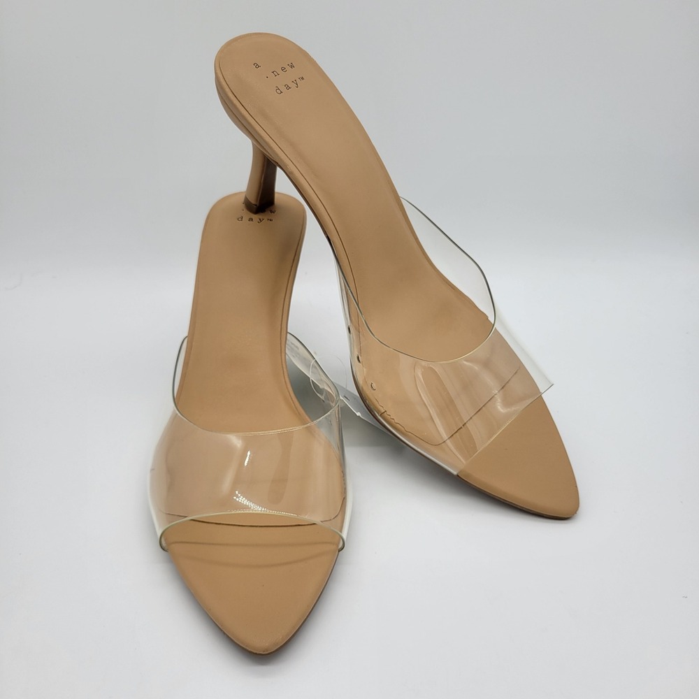 NEW Women's Nude Tan Clear Strap Pointed Toe Mule Kitten Heels Size 9.5